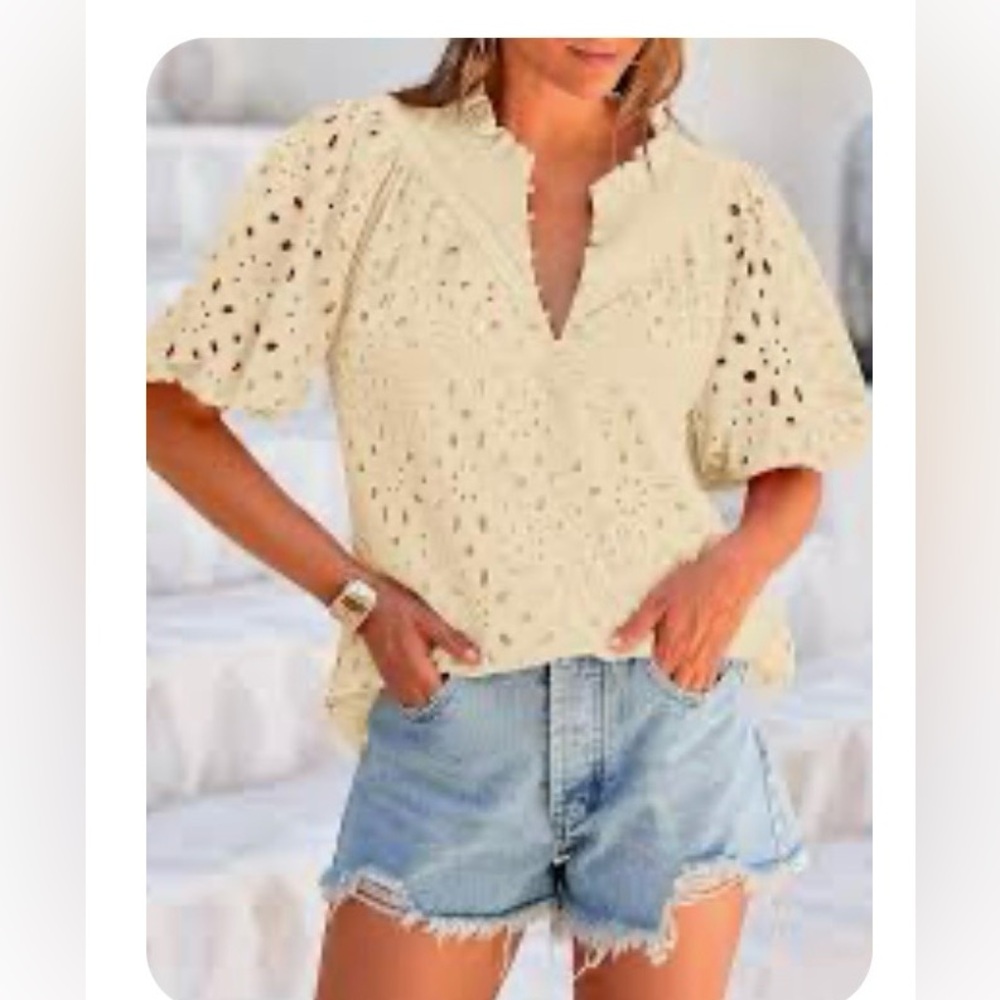 Crochet Eyelet V-Neck Top - Cream